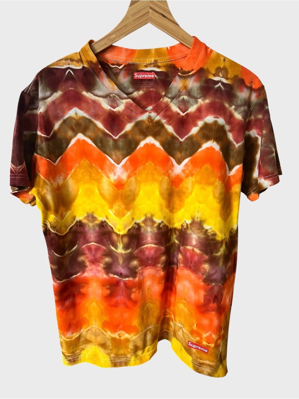 Supreme Tie-Dye Chevron V-Neck Tee - Yellow, Orange, Brown, Maroon
